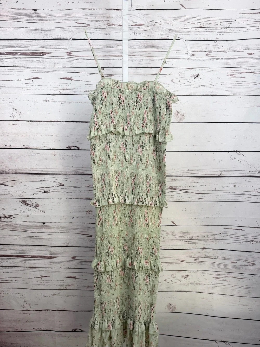 MABLE Light Green Pink Floral Print Smocked Midi Stretchy Tube Dress Size Small - Picture 5 of 11